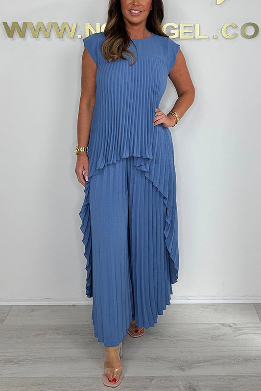 ⏰Hot Sale 50% OFF💕Laney Pleated Short Sleeve Irregular Midi Top and Elastic Waist Wide Leg Pants Set