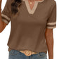 🌞2026 Spring/Summer Women's Casual Colorblock V-Neck T-Shirt - White with Black Trim, Short Sleeve Loose Fit Top with Striped Cuffs