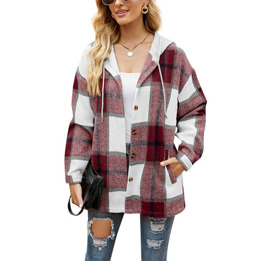 ⏰HOT SALE-WOMEN'S PLAID BUTTON DOWN FLEECE LINED HOODED JACKETS WARM COAT