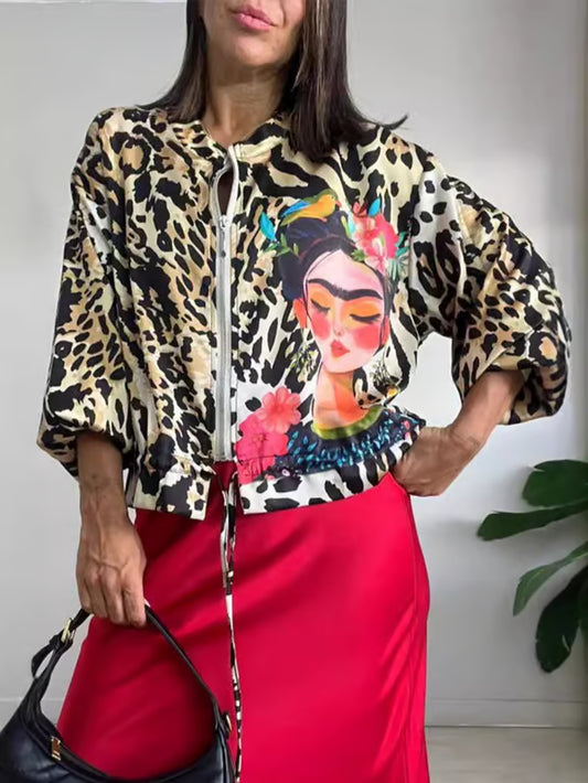 ⏰FLASH SALE 50% OFF💝Leopard Unique Print Zipper Drawstring Hem Bomber Jacket