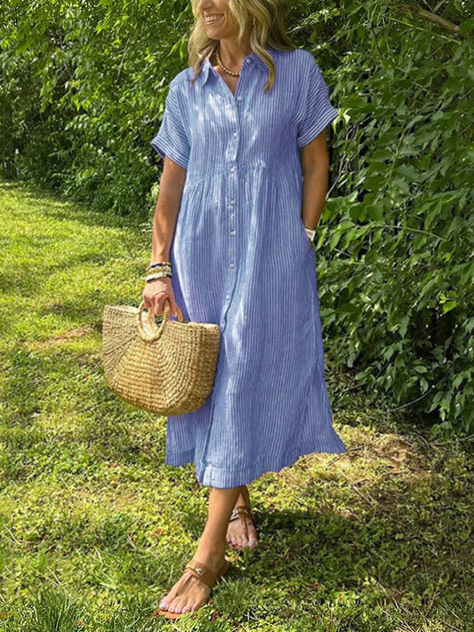 💖Mother’s Day Sale: 50% OFF!👗Striped Lapel Button Down Shirt Dress |👍With Functional Pockets
