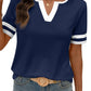 🌞2026 Spring/Summer Women's Casual Colorblock V-Neck T-Shirt - White with Black Trim, Short Sleeve Loose Fit Top with Striped Cuffs