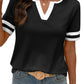 🌞2026 Spring/Summer Women's Casual Colorblock V-Neck T-Shirt - White with Black Trim, Short Sleeve Loose Fit Top with Striped Cuffs