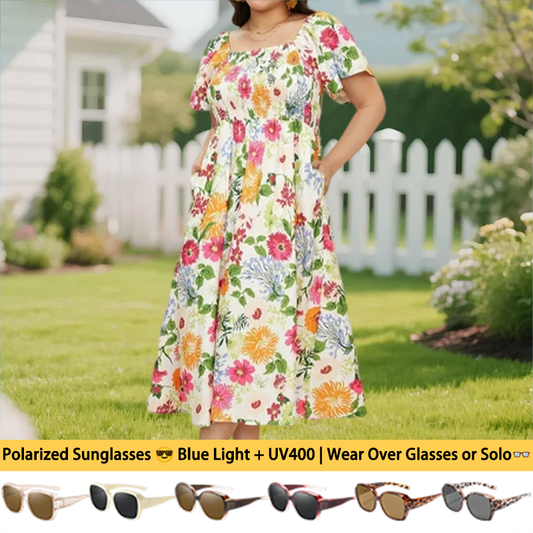 🏖️Summer Hot Sale 70% OFF with FREE GIFT!!💃Éloise™ Women's Square-Neck Floral Midi Dress 🌺 – Smocked Waist, Side Pockets 👜 & Flowy Silhouette | Flattering for All Body Types 💕