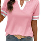 🌞2026 Spring/Summer Women's Casual Colorblock V-Neck T-Shirt - White with Black Trim, Short Sleeve Loose Fit Top with Striped Cuffs