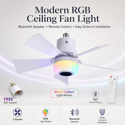 🏆LAST DAY SALE ONLY￡19.99 with Adaptor!!🎁BreezGlow™ Smart E27 Ceiling Fan Light with Hi-Fi Bluetooth Speaker & Mood Lighting  Cool Breezes • Crystal-Clear Sound • 16 Million Colours💡🌬️🎵