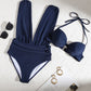 🌷SUMMER BIG SALE 50% OFF👙Deep Plunge Ruched Swimsuit with Halter Bra Two-Piece Set