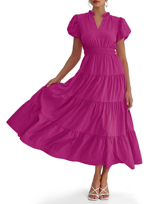 💕LAST DAY SALE 70% OFF💕Womens Puff Short Sleeve V Neck Flowy Tiered Beach A-Line Dresses