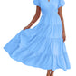 💕LAST DAY SALE 70% OFF💕Womens Puff Short Sleeve V Neck Flowy Tiered Beach A-Line Dresses