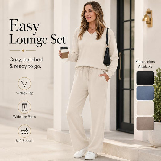⏳LAST DAY SALE ONLY ￡21.99!!✨ Effortless Comfort | Women's V-Neck Knit Top & Pants 2-Piece Lounge Set