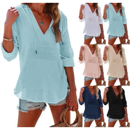 🔥LIMITED SALE 50% OFF!!🔥Women's Oversized Hooded Beach Cover Up - Long Sleeve V-Neck Pocket Shirt