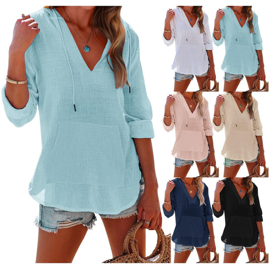 🔥LIMITED SALE 50% OFF!!🔥Women's Oversized Hooded Beach Cover Up - Long Sleeve V-Neck Pocket Shirt