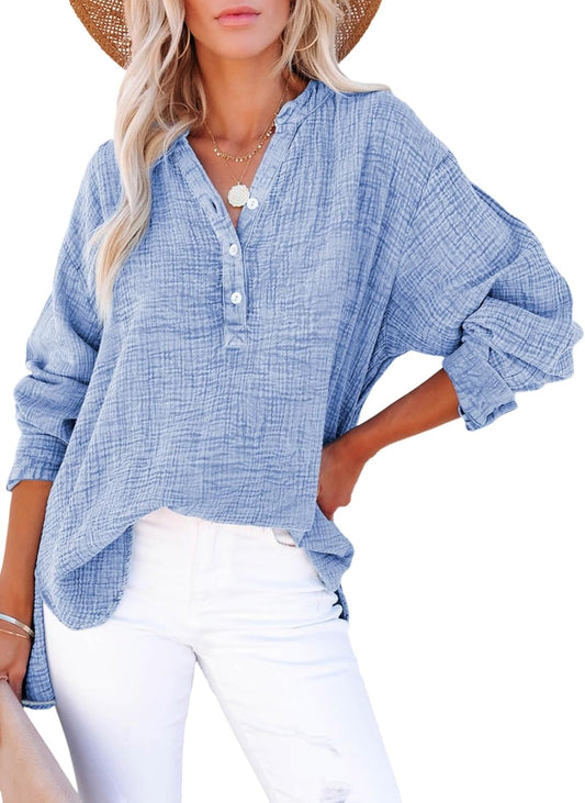 🍀Last Day Sale: ONLY ￡13.99!!🍀Womens Casual Gauze Button Neck Long Sleeve Oversized Blouses