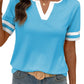 🌞2026 Spring/Summer Women's Casual Colorblock V-Neck T-Shirt - White with Black Trim, Short Sleeve Loose Fit Top with Striped Cuffs