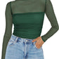 💥2025 HOT SALE💥Women's Long Sleeve Bodysuit Turtle Neck Ruched Mesh Shapewear Slim Fit Elegant Basic Tops for Fall Outfits