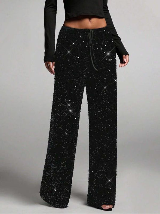 🎄LAST DAY SALE 50% OFF🥰Women's Sequin Sparkle Wide Leg Pants with Elastic Waistband 3