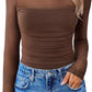 💥2025 HOT SALE💥Women's Long Sleeve Bodysuit Turtle Neck Ruched Mesh Shapewear Slim Fit Elegant Basic Tops for Fall Outfits