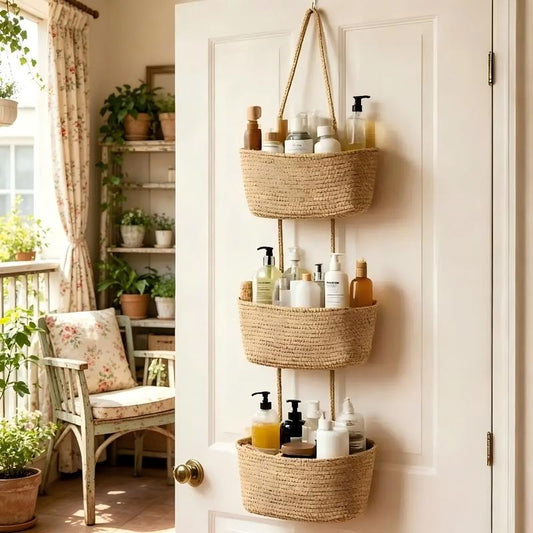 💖LAST DAY SPECIAL PRICE: ￡7.99!!💖Over-the-Door 3-Tier Basket – Natural Woven Storage for Nappies, Toys & Towels 🧺Calm the Chaos in Any Room!🎁