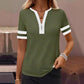 🌞2026 Spring/Summer Women's Casual Colorblock V-Neck T-Shirt - White with Black Trim, Short Sleeve Loose Fit Top with Striped Cuffs