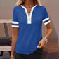 🌞2026 Spring/Summer Women's Casual Colorblock V-Neck T-Shirt - White with Black Trim, Short Sleeve Loose Fit Top with Striped Cuffs
