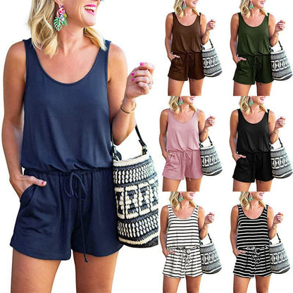 ⏰Hot Sale 49% OFF💃Women Sleeveless Scoop Neck Tank Top Casual Short Jumpsuit Rompers with Pockets