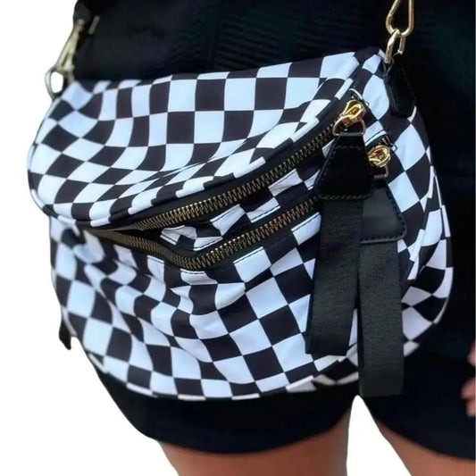🎁Last Day 49% Off-Black and White Checkered Nylon Bum Bag Plus Size Friendly Fanny Pack