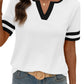 🌞2026 Spring/Summer Women's Casual Colorblock V-Neck T-Shirt - White with Black Trim, Short Sleeve Loose Fit Top with Striped Cuffs