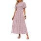 Women's 2026 Summer Casual Floral Print Short Flutter Sleeve Crew Neck Smocked High Waist Flowy Maxi Dress