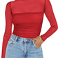 💥2025 HOT SALE💥Women's Long Sleeve Bodysuit Turtle Neck Ruched Mesh Shapewear Slim Fit Elegant Basic Tops for Fall Outfits