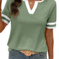🌞2026 Spring/Summer Women's Casual Colorblock V-Neck T-Shirt - White with Black Trim, Short Sleeve Loose Fit Top with Striped Cuffs