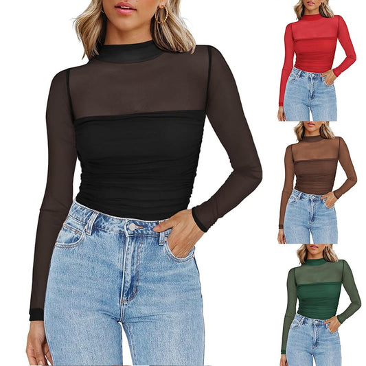 💥2025 HOT SALE💥Women's Long Sleeve Bodysuit Turtle Neck Ruched Mesh Shapewear Slim Fit Elegant Basic Tops for Fall Outfits