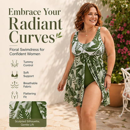 👙 LIMITED-TIME 50% OFF! 🌸Women's Leaf Floral Print One Piece Swim Dress, Tummy Control Plus Size Swimming Costume
