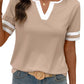 🌞2026 Spring/Summer Women's Casual Colorblock V-Neck T-Shirt - White with Black Trim, Short Sleeve Loose Fit Top with Striped Cuffs