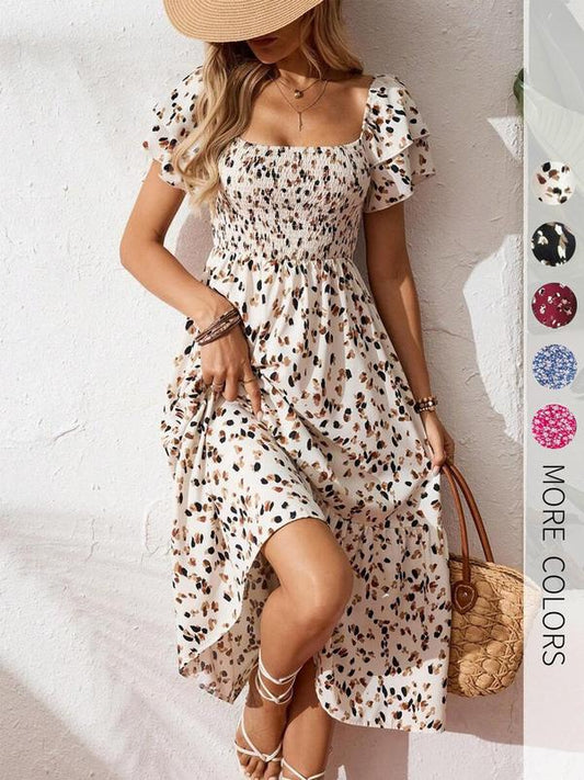 🔥2026 Summer Hot Sale 50% OFF!✨Square Neck Floral Midi Dress – Smocked Bodice, Flowy Tiered Skirt, Romantic🌸