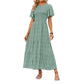 Women's 2026 Summer Casual Floral Print Short Flutter Sleeve Crew Neck Smocked High Waist Flowy Maxi Dress