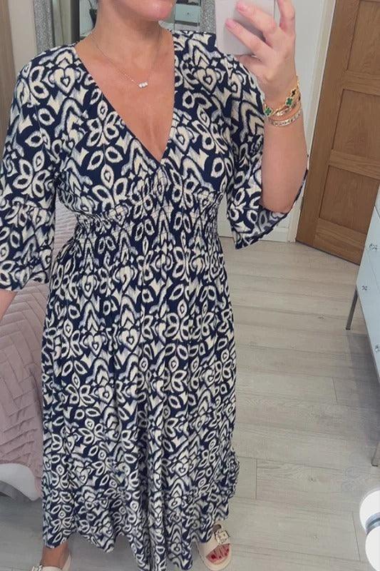 🔥HOT SALE 49% OFF💃Bohemian Casual Print V-Neck Waist Wrap Long Dress-7