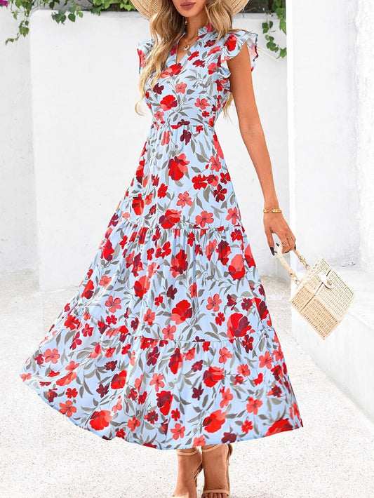 🏖️Early Summer Sale-50% Off🌷Women's Boho Print V Neck Ruffle Maxi Dress