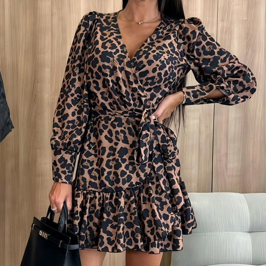 💥LAST DAY SALE 50% OFF💖Leopard Print Wrap V-Neck Waist Tie Dress