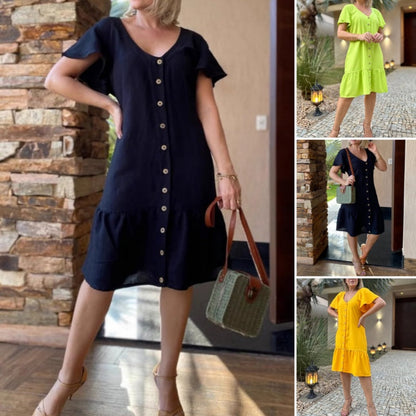 💕LAST DAY SALE 49% OFF💕Women's Fashion Solid Color V-Neck Button Loose Dresses