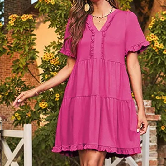 🔥2025 Summer New🌈Women's Ruffle Trim V-Neck Tiered Dress