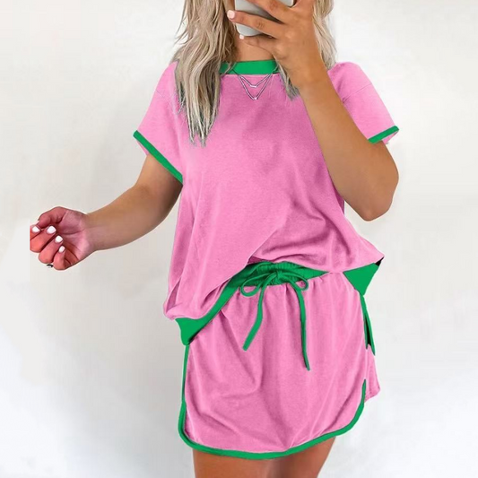 ✨✨50% OFF！ Effortlessly rejuvenated girly 💖 color-blocked short-sleeved top + shorts set (women's). 👗