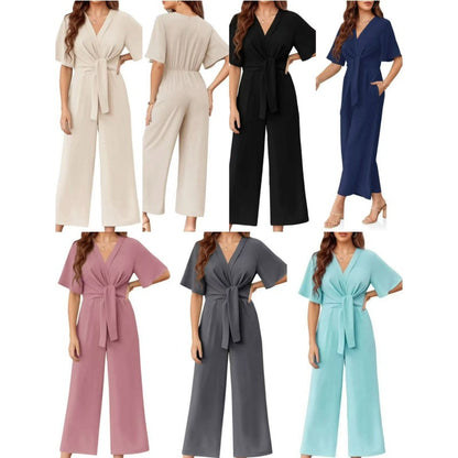 ⏰HOT SALE 49% OFF!!💖Women's Elegant V-Neck Wide Leg Waist Tie Jumpsuit