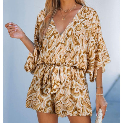 🔥Summer Cool Deal: 49% OFF!!🔥Women's Summer Casual V-Neck Printed Jumpsuit with Waist Tie and Dolman Sleeves🎀