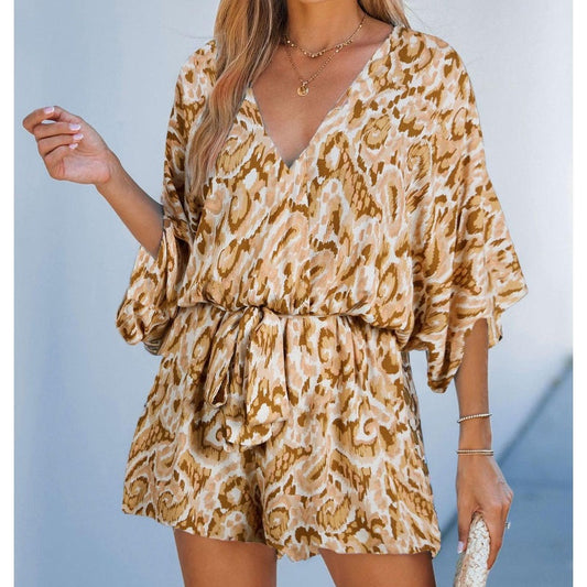 🔥Summer Cool Deal: 49% OFF!!🔥Women's Summer Casual V-Neck Printed Jumpsuit with Waist Tie and Dolman Sleeves🎀