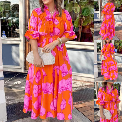 Women's Elegant Ruffled Print Maxi Dress