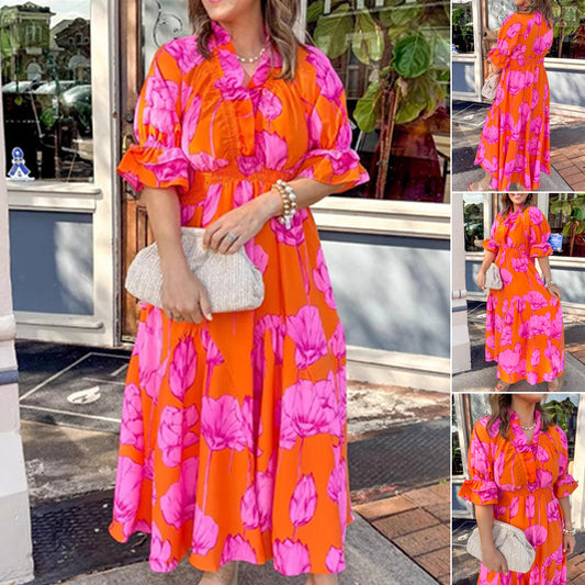 Women's Elegant Ruffled Print Maxi Dress