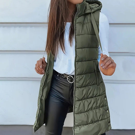 ⏳LIMITED SALE 70% OFF✨Women’s Zip-Up Long Puffer Vest👗 | Solid Color | Sleeveless | Hooded | Winter Wear 💕