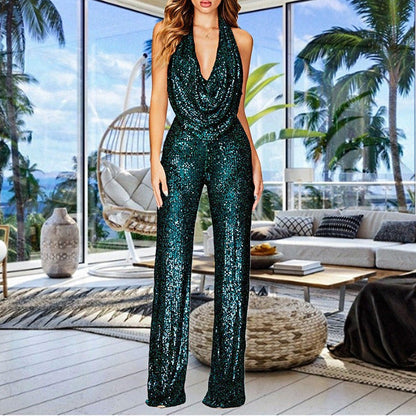 🏆 Last Day Sale 70% OFF!!!💝New Style✨Women's Sparkly Sexy Halter Neck Slim Fit Jumpsuit