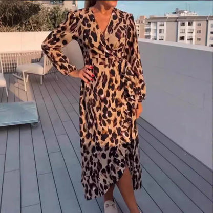 💃LAST DAY SALE 49% OFF🔥Women's Leopard Print V-Neck Long Sleeved Dress