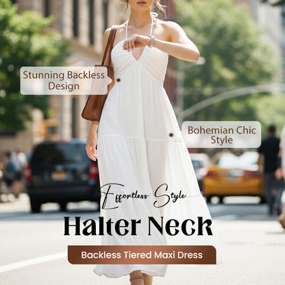 💃New Arrival Special Price:￡15.99!!✨Halter Neck Backless Tiered Maxi Dress
